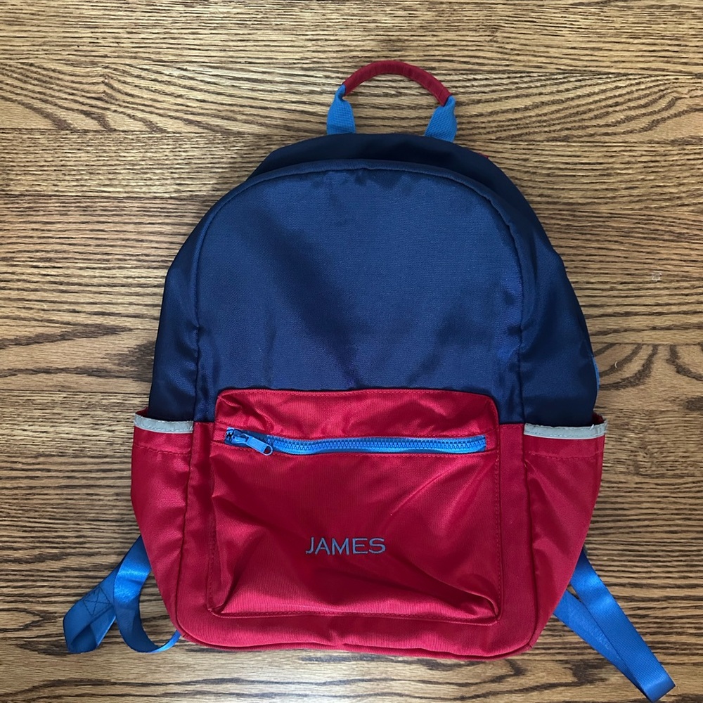 Pottery Barn Kids Red and Blue monogram “JAMES” Backpack